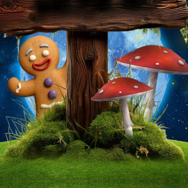 Animated image. A mossy wooden plank sign protrudes from messy grass and mushrooms, accompanied by a smiley gingerbread man with a moon and starry sky in the background.