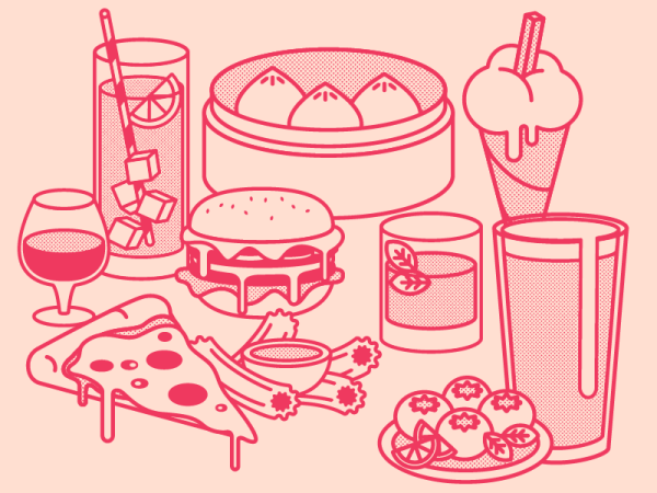 Illustration of assorted street food and drinks, including pizza, burger, dumplings, ice cream, and beverages.