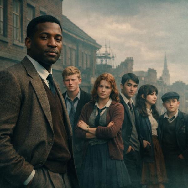 In period costume, a man in a suit stands in front of a group of young people in school uniforms amongst a foggy city skyline.