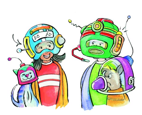 Two young time travellers accompanied by their pets, a cat and a dog. All are wearing high-tech time travellers helmets. The dog scowls at the cat who appears not to notice.