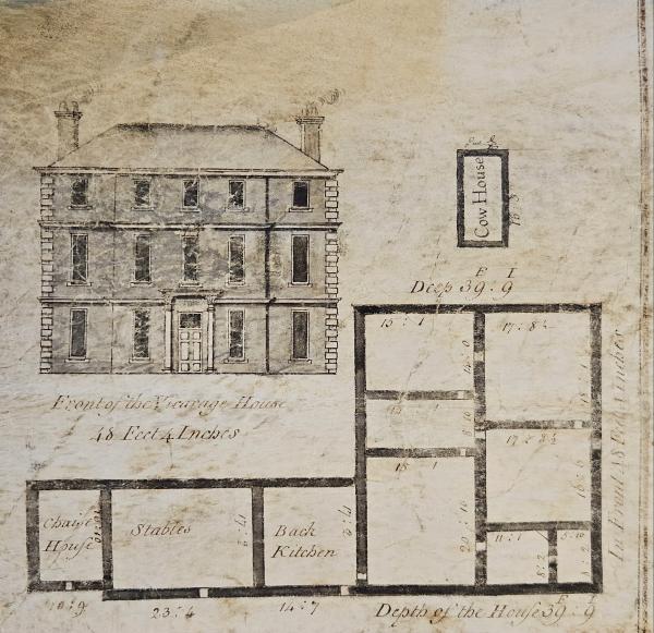 Shows a hand drawn block plan of the rooms inside the old Leeds Vicarage.  In the top left corner there is a 2d drawing of the front of the building.