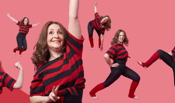 Several images of Lucy Porter wearing a red and black striped top similar to that of Dennis the Menace from out of The Beano, she is doing several exercises eg squats jumps toe touches and lunges all while pulling funny faces. she's very very funny!