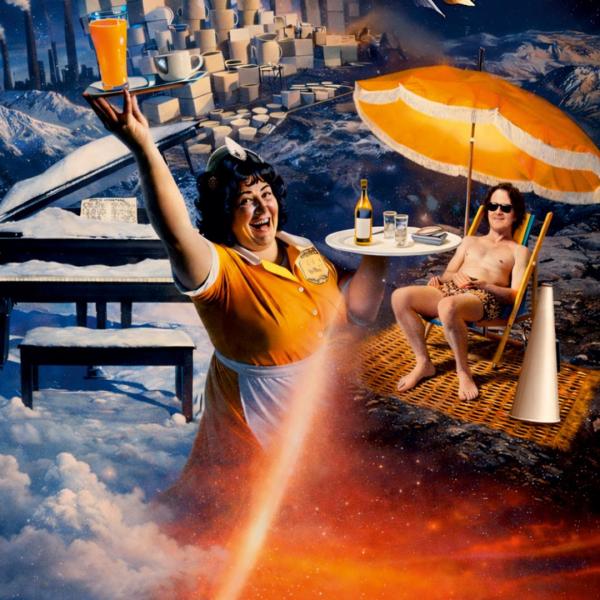 Collage of Supertramp album covers, including a snowy piano, a waitress in yellow uniform holding a drink on a tray, and a man sat beneath an umbrella on a deck chair.