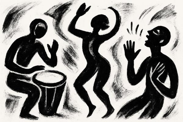 a image in black paint on a white background, of 3 figures, dancing to one of them on drums