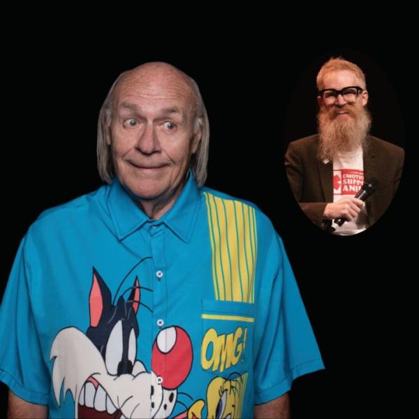 Mick Miller wears a loud shirt featuring Looney Toons characters and looks to the side, along with a small image of Ryan Gleeson candidly smiling with a microphone.