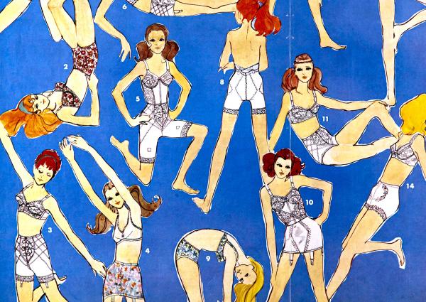Illustration showing models wearing bras and panty girdles