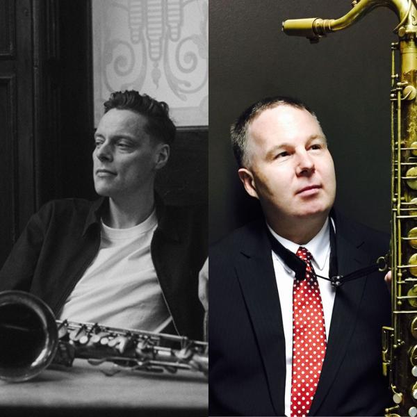 Composite image of two portrait shots. On the left, Fraser Smith sits relaxed in a cafe, with a saxophone laid on the table in front of him. On the right, Harry Allen wears a suit and polka dot tie. He holds up a saxophone and looks off to the side.