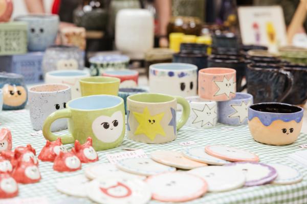 A selection of pots on a stall, made by members of sunken studio.
