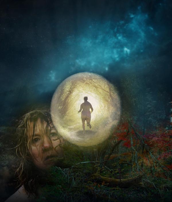 A naked woman running into the Moonlight
