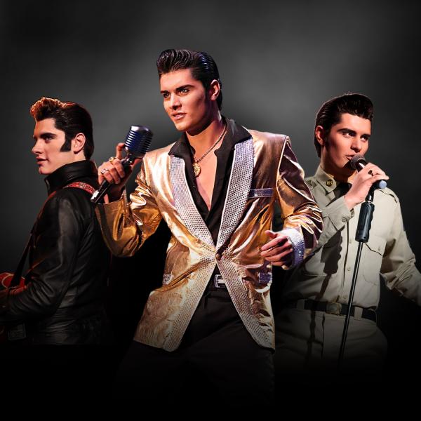 Three images of Emilio Santoro performing as Elvis in different iconic outfits, including a gold jacket and black shirt with open neckline in the centre. 