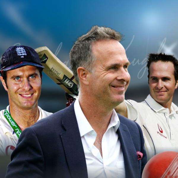 Collage of Michael Vaughan smiling at different points in his career, wearing a suit, holding a cricket bat and in sportswear. A faint signature is visible in the blurred backdrop.