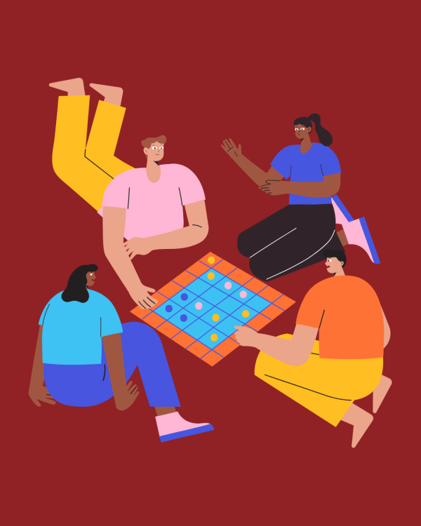 Four cartoon people are sat on the floor playing a board game together.