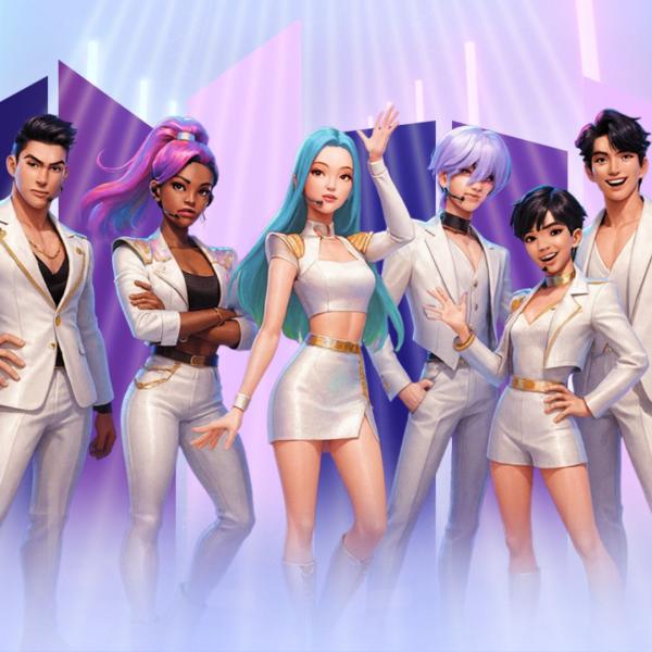 Six animated characters in white suits and skirts stand in front of pastel pink and purple shapes