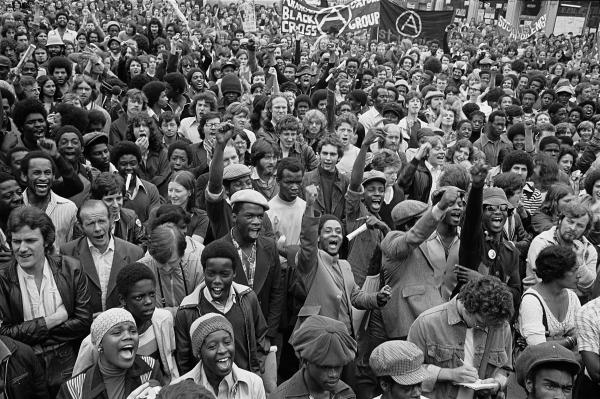 Paul Trevor, Anti-racists gather to block the route of National Front demonstration, New Cross Road, London, August 1977