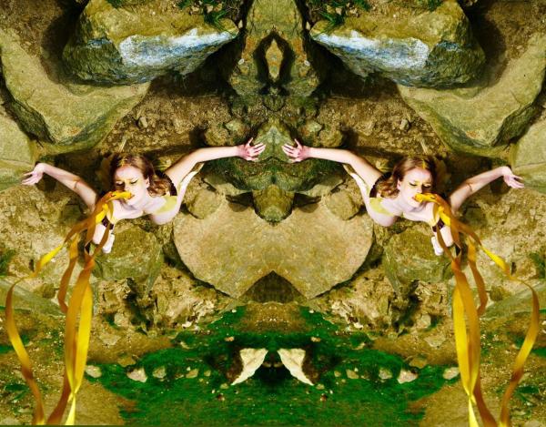 A distorted image of a figure in nature, laid back with yellow ribbons falling from their mouth.