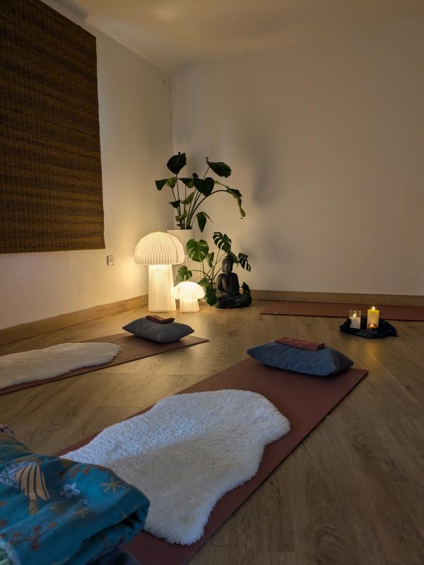 Cosy yoga mats with soft lighting and plants in a yoga studio