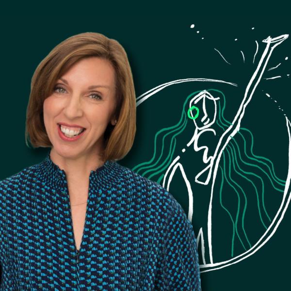 Dr Louise Newson smiles in a patterned blowse in front of a dark green backdrop and illustrated logo of a woman reaching out from a bubble.