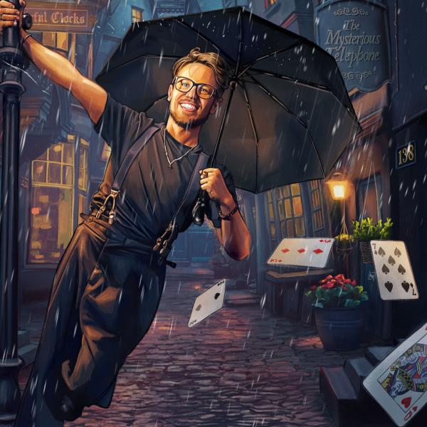Illustrated stylised image of a smiling James Phelan holding an umbrella and swinging on a lamppost on a rainy, old-fashioned street. Playing cards fly past in the foreground.
