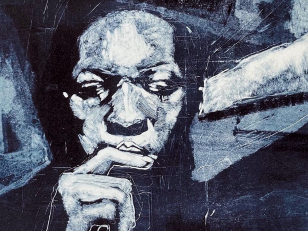 A stylised portrait print in black and white