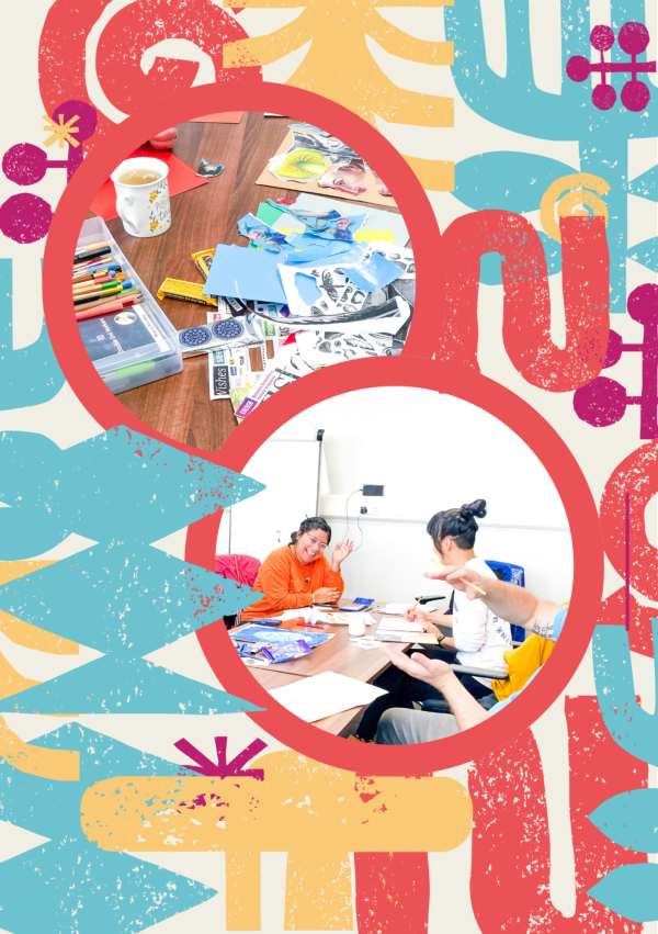 Image with bold shapes in yellow, blue and red. Two photographs in circular frames. Top photo has images of art equipment and hands making art. Bottom photo has two people chatting and smiling while making art