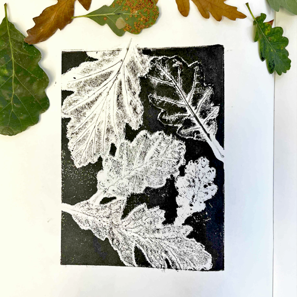 a black and white mono print of fallen woodland leaves