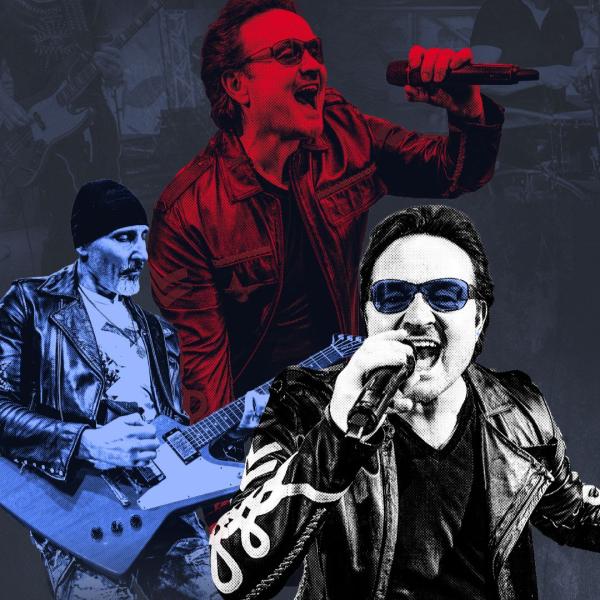 Edited in red, white and blue filters, the members of Beautiful Day sing into their microphone and play guitar, against a faint grey background of live musicians.