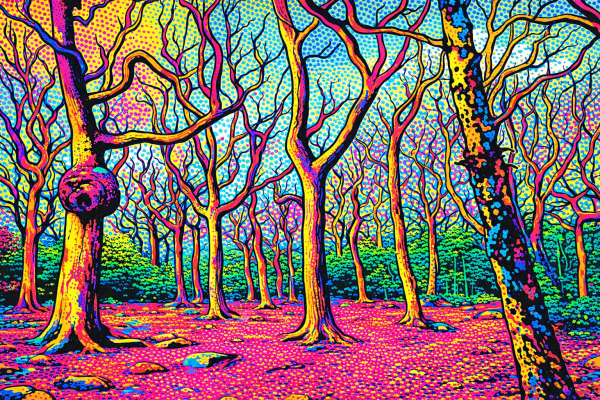 Colourful pop filtered image of trees