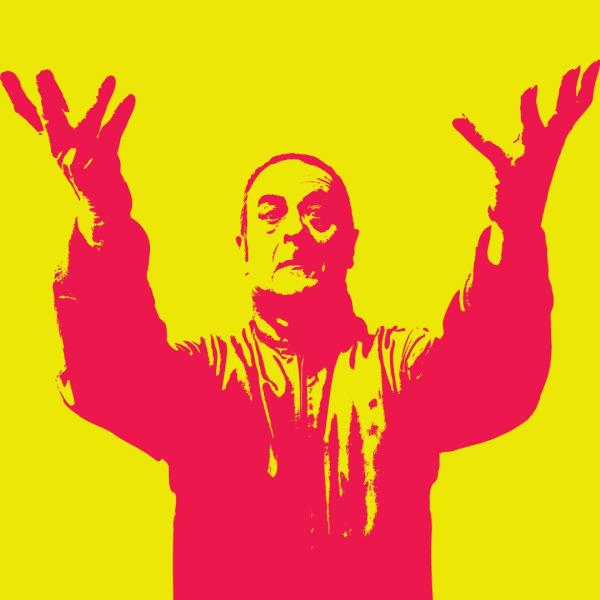 Red and yellow stylised image of Mark Thomas in a jacket with two extended arms held up to the camera.