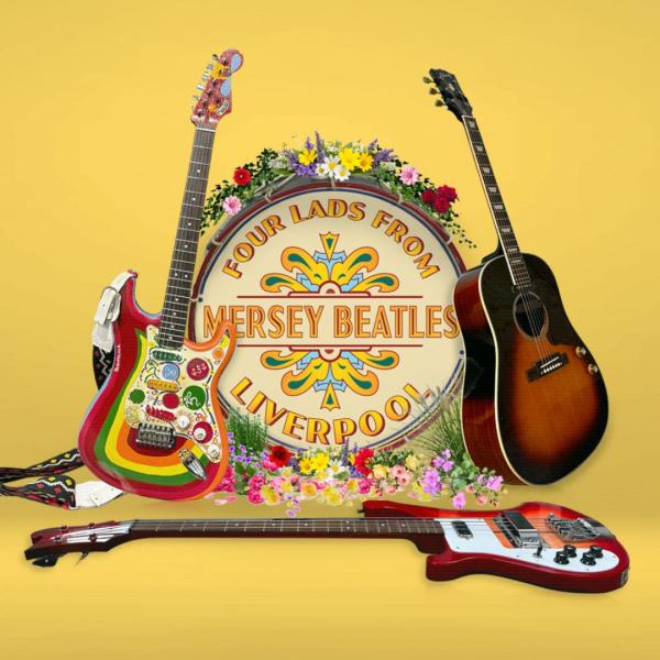 Elaborately designed drum covered in flowers, with a colourful electric guitar and brown acoustic guitar resting on it either side, with one laid out in front. Text on the drum reads: Four lads from Liverpool. Mersey Beatles.