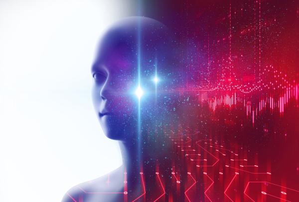 A picture of a robot like person in the middle of the page, split between plain white and a technological graphic design. 