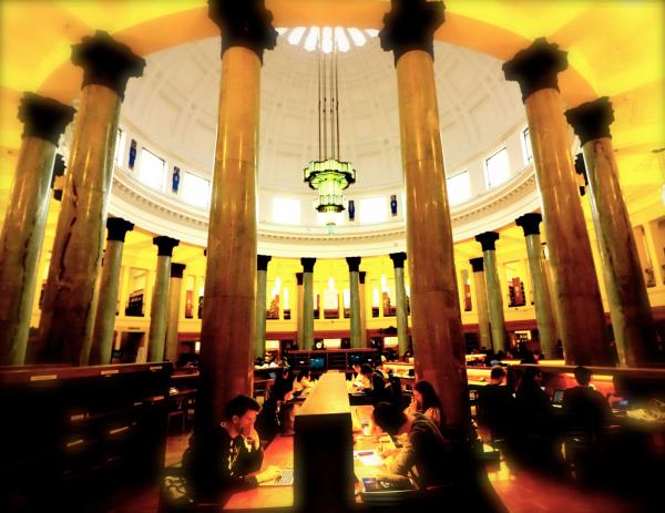 A grand library with pillars