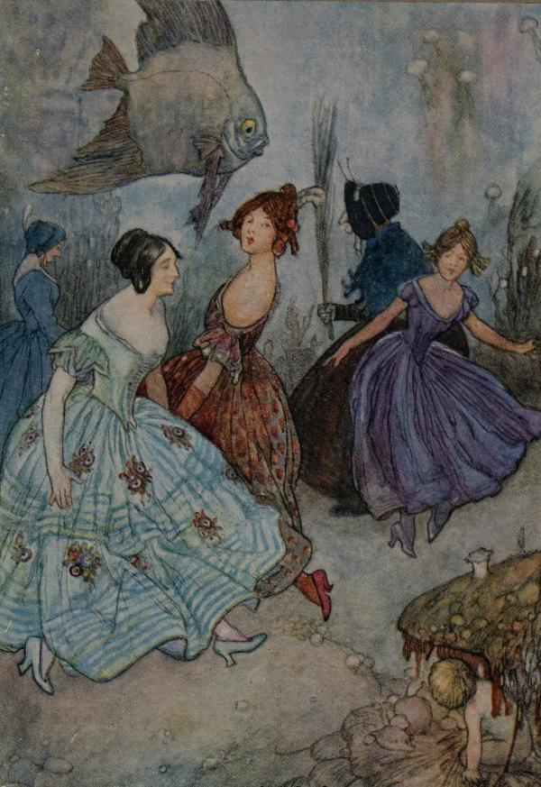 Illustrated underwater scene showing a group of people in flowing historical-style dresses walking or dancing along the seabed, surrounded by sea plants and creatures; a large fish swims above them, with soft muted colours and fine detailed linework.