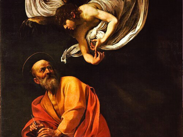 Caravaggio painting of an angel meeting a man.