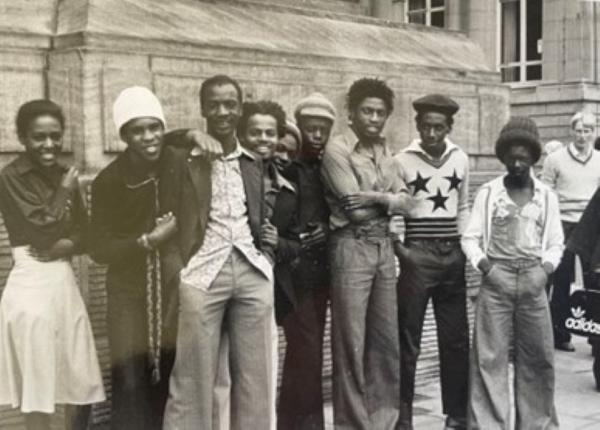 Bonfire Night Trial defendants and friends outside Leeds Town Hall, 1976.  © Max Farrar