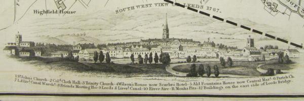 Drawing of the southwest view of Leeds in 1767, featuring historic landmarks such as Leeds Bridge, St John’s Church, the Coloured Cloth Hall, Leeds Parish Church, and the Leeds–Liverpool Canal.
