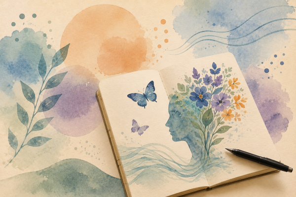 Abstract watercolor notebook with floral human silhouette and butterflies.