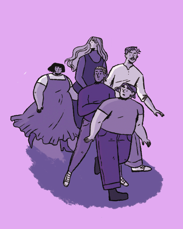 Illustration of 5 graphic novel characters in purple tones