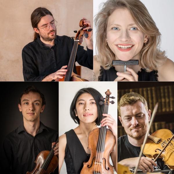 Clockwise from top left: Pablo with cello, Sonia with tuning hammer, Derek with viola, Asuka with violin, Maxim with violin