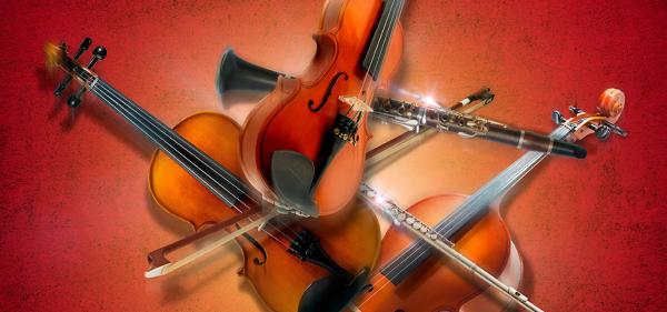 photo of a violin, viola, cello, clarinet and flute