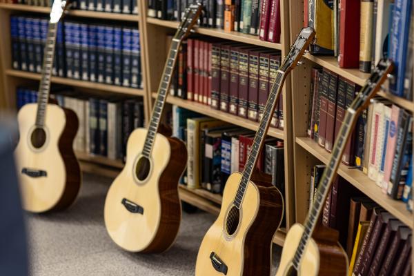 Acoustic Guitars Leaning on book case 