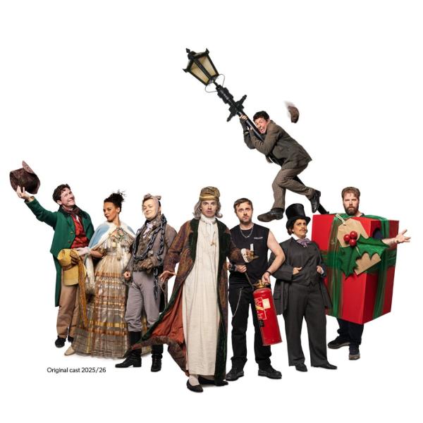 A cast of characters in period costume, led by a man in a night gown and cap. Beside them, a person clings to a lamp-post with a comedic expression. 