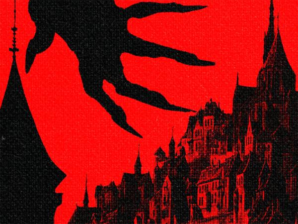 Black and red graphic of old gothic castle and a creepy hand