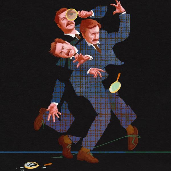 Surreal cartoon illustration of Mike Wozniak in three stages of dropping a magnifying glass. The image texture is of a blue plaid suit.