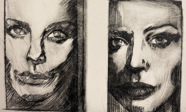 Stylised portraits of two women in shades of black and grey.
