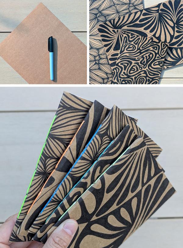 images showing paper and pen then doodled paper, then small notebooks