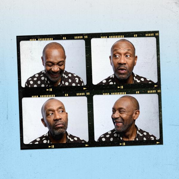 Celluloid strip of four photos with Lenny Henry in a polka dot shirt, looking pensive and laughing in different candid poses.