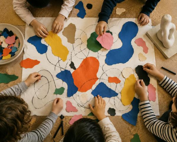 Collage making with hands, shapes and lines