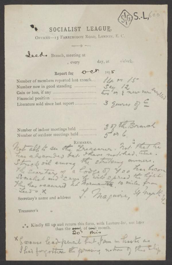 Typed and handwritten Socialist League report form for the Leeds branch, dated October 1885, listing membership numbers, meeting counts, financial notes, and remarks, with annotations in ink and pencil and an address for the League’s London offices at the top.
