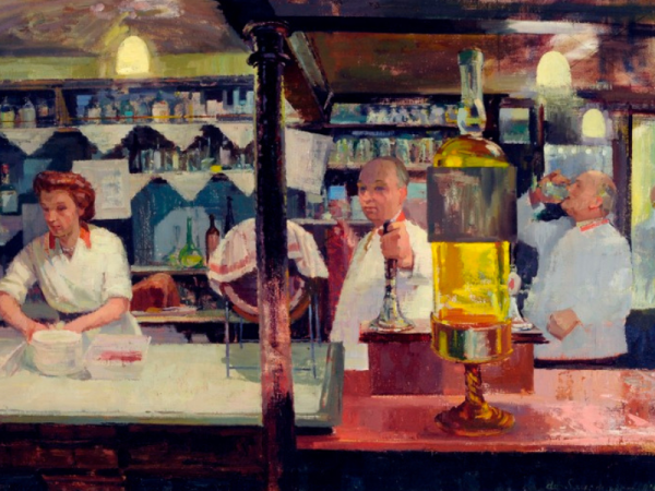 Painting of three staff members behind a copper coloured bar. The person on the left is preparing food, the person in the middle is pulling a pint, and the person on the right is drinking from a glass. Behind them are various coloured bottles on shelves.