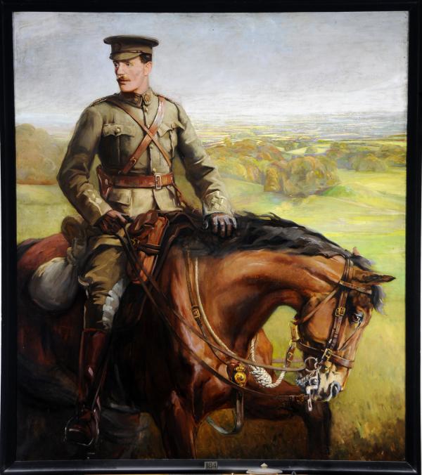 A painted portrait of a man in a military outfit on a horse, outdoors in a field